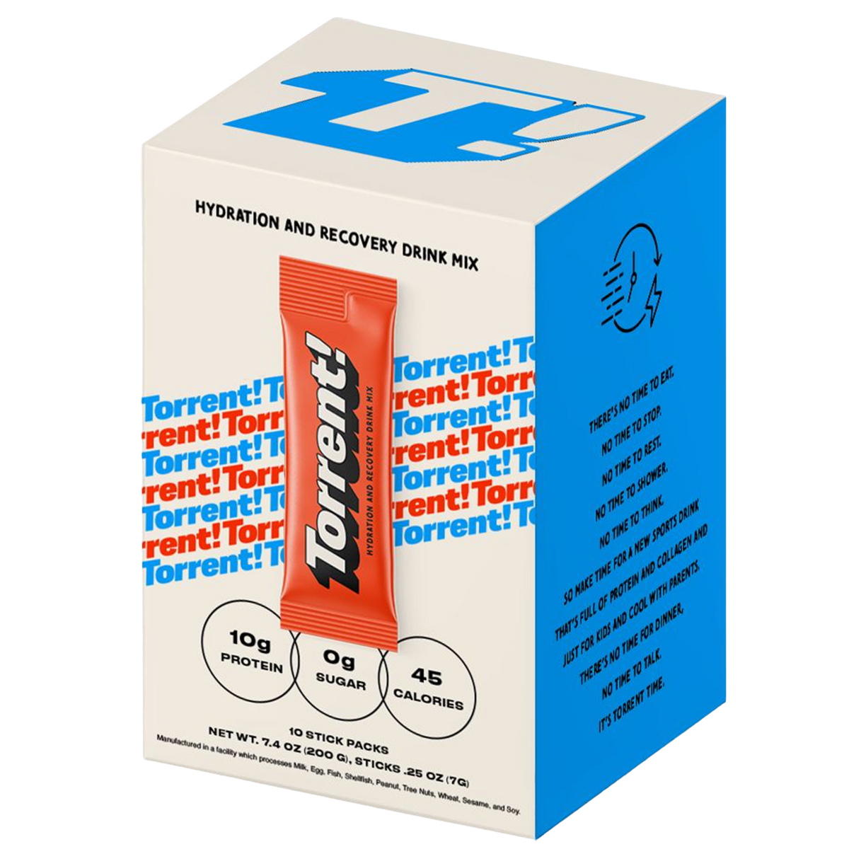 Torrent! hydration and recovery drink mix packaging with a single stick pack