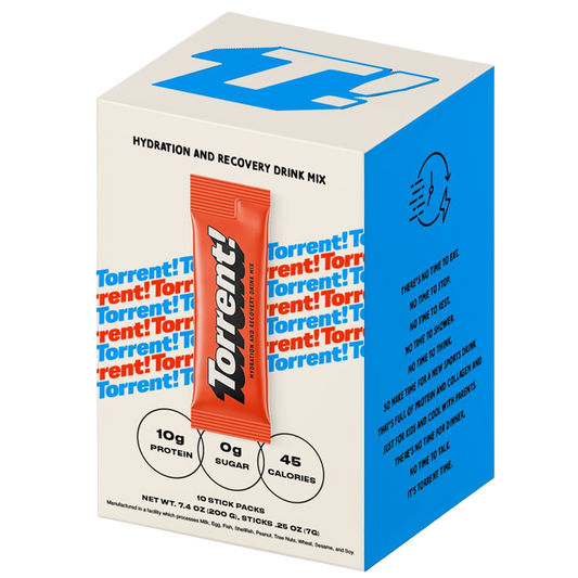 Torrent! hydration and recovery drink mix packaging with a single stick pack